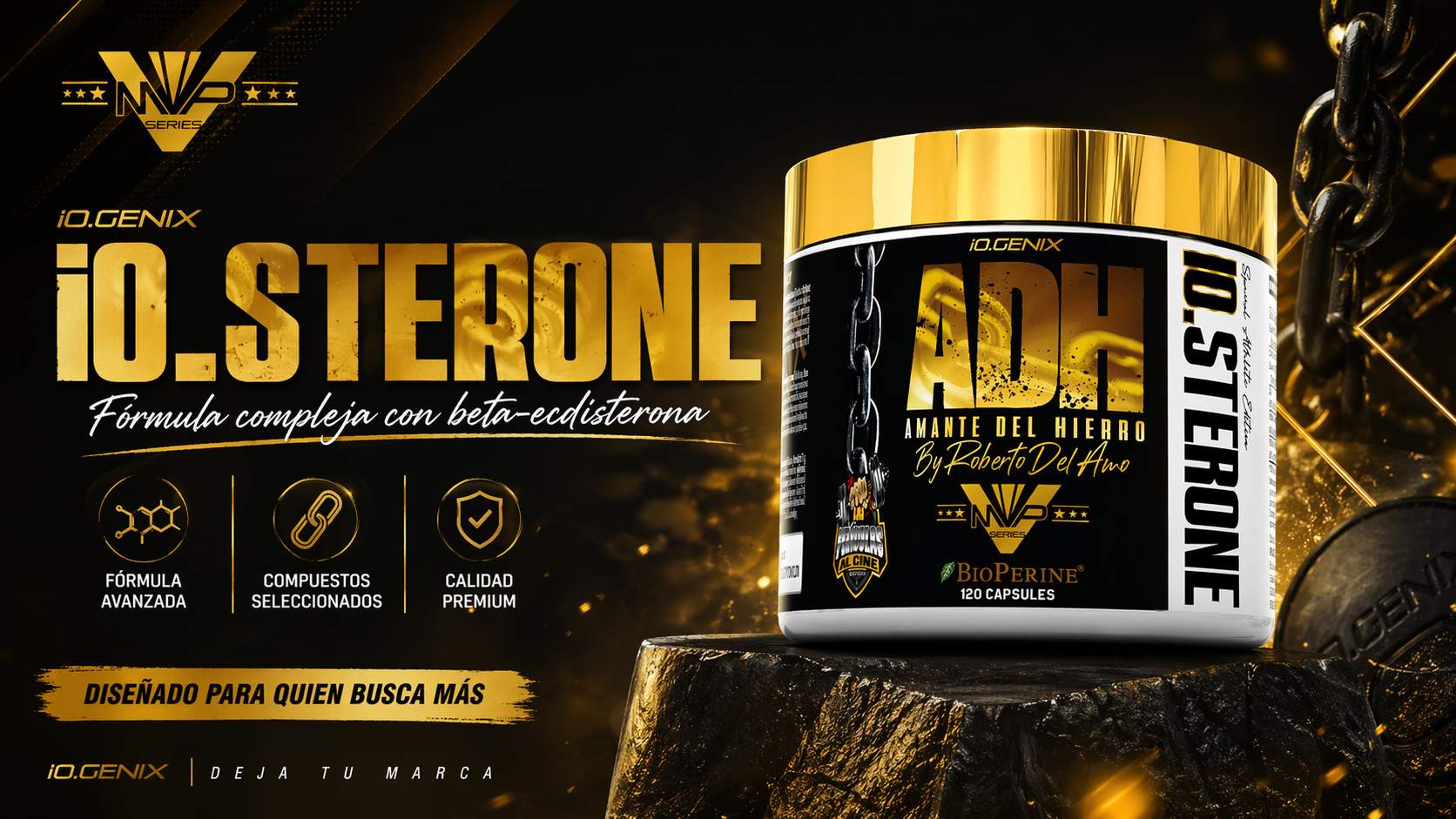 Banner de iO.STERONE de iO.GENIX con el producto en primer plano y un diseño visual centrado en una fórmula compleja con beta-ecdisterona para rendimiento y masa muscular.