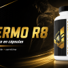 Banner de THERMO R8 de iO.GENIX con el producto en primer plano y un diseño visual centrado en un termogénico en cápsulas para fases de definición.