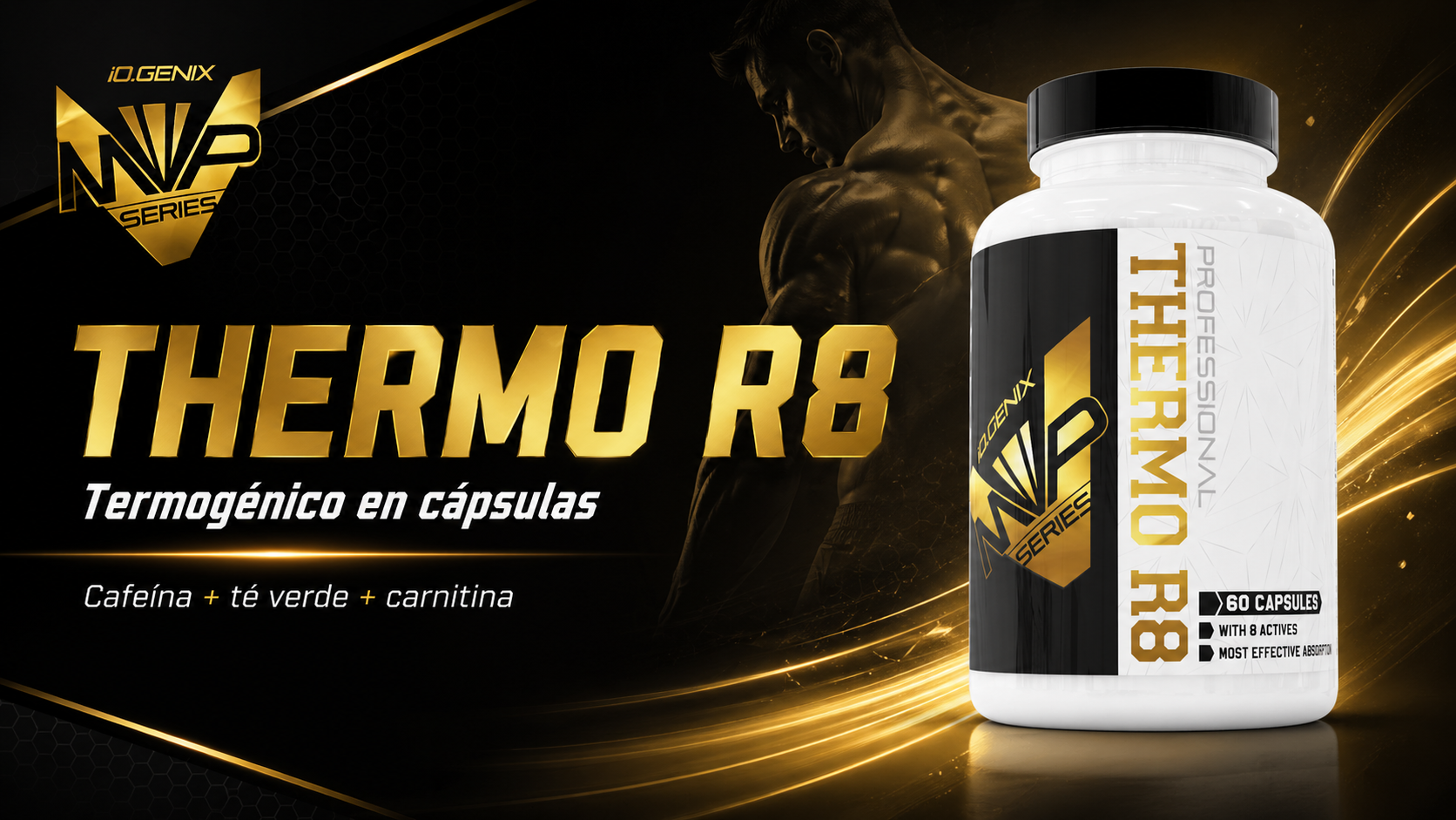 Banner de THERMO R8 de iO.GENIX con el producto en primer plano y un diseño visual centrado en un termogénico en cápsulas para fases de definición.