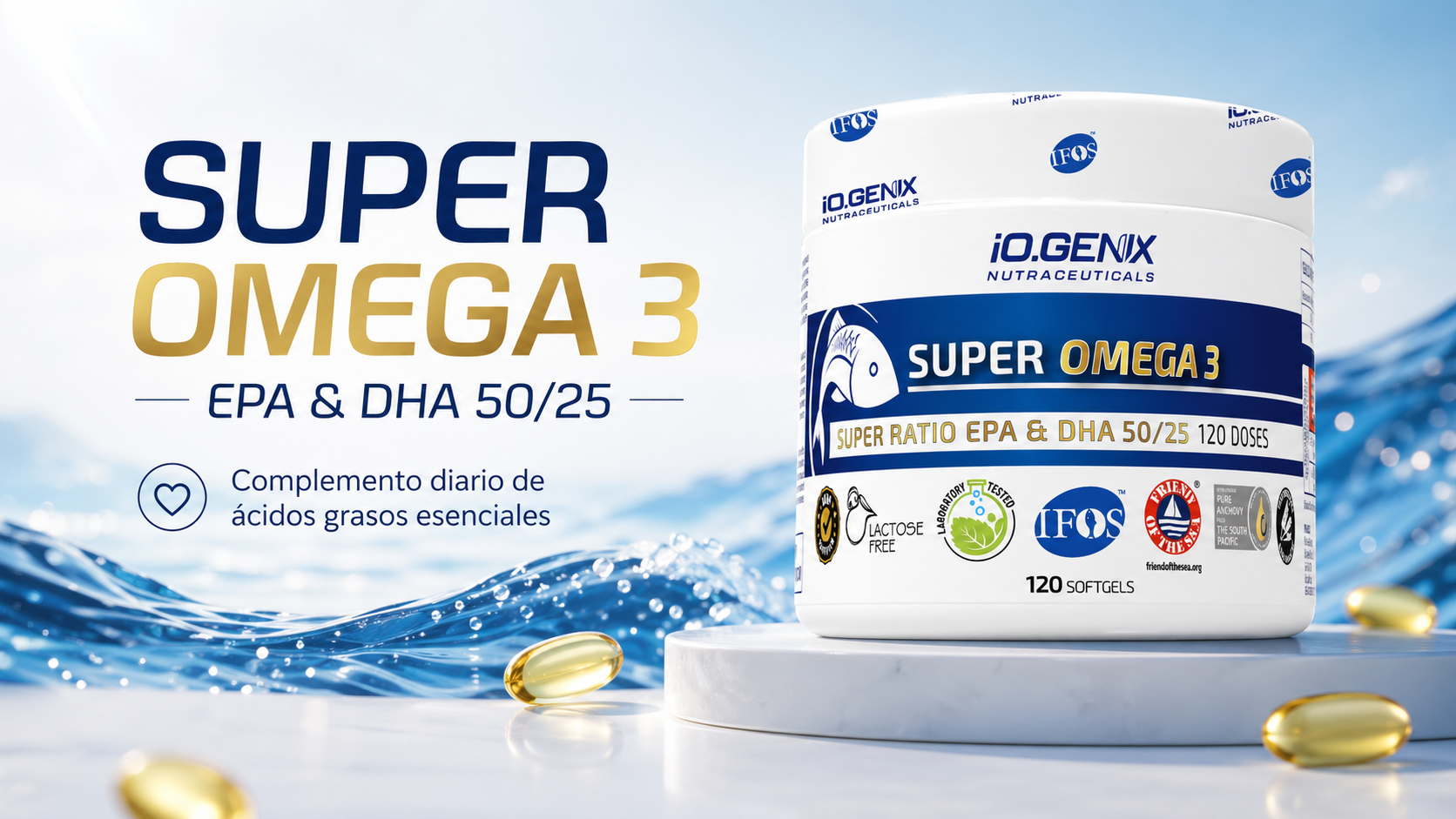 Banner de Super Omega 3 de iO.GENIX con el producto en primer plano y un diseño visual centrado en omega 3, EPA y DHA para una rutina general de salud y deporte.