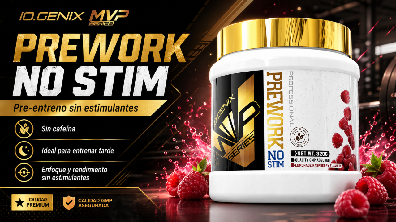 Banner de PREWORK NO STIM de iO.GENIX con el producto en primer plano y un diseño visual centrado en un pre-entreno sin estimulantes para entrenar sin cafeína.