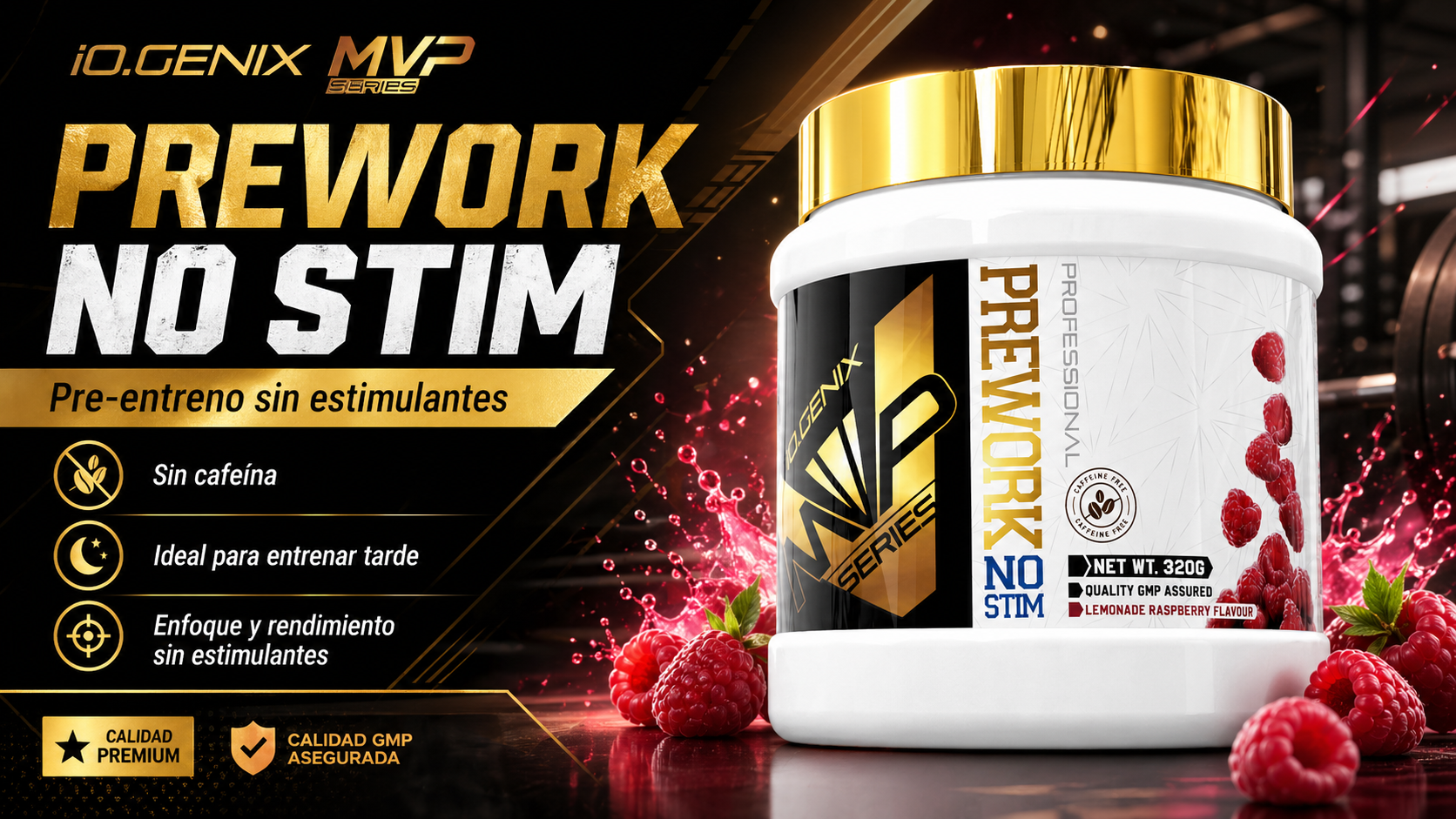 Banner de PREWORK NO STIM de iO.GENIX con el producto en primer plano y un diseño visual centrado en un pre-entreno sin estimulantes para entrenar sin cafeína.