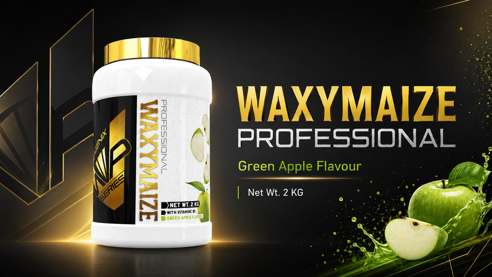 Banner de Waxymaize de iO.GENIX con el producto en primer plano y un diseño visual centrado en almidón modificado en polvo para aportar energía alrededor del entrenamiento.