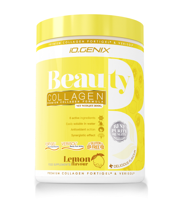 Bote de Collagen Beauty de iO.GENIX sabor limón, colágeno hidrolizado en polvo con vitaminas y minerales en formato de 300 g.