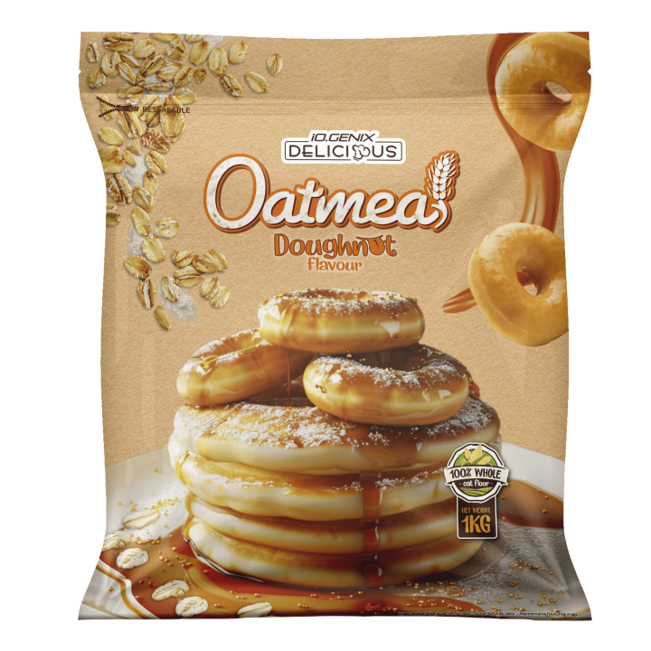 Bolsa de Delicious Oatmeal de iO.GENIX sabor donut, harina de avena 100% integral en formato de 1 kg.