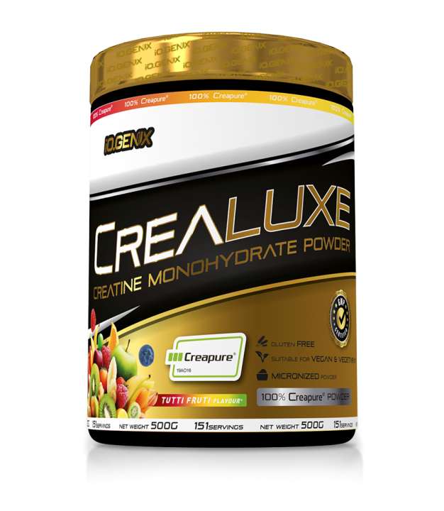 Bote de Crealuxe de iO.GENIX sabor tutti frutti, creatina monohidrato Creapure en polvo en formato de 500 g.