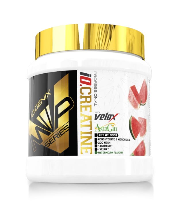 Bote de iO.CREATINE sabor watermelon de iO.GENIX, creatina monohidrato micronizada en polvo con Velox™, presentado en formato de 300 g.