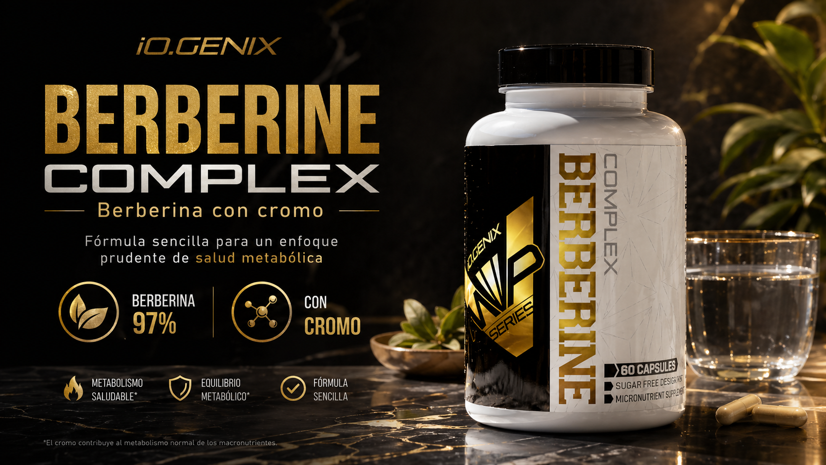 Banner de Berberine Complex de iO.GENIX con el producto en primer plano y un diseño visual centrado en berberina con cromo para una rutina orientada a salud metabólica.