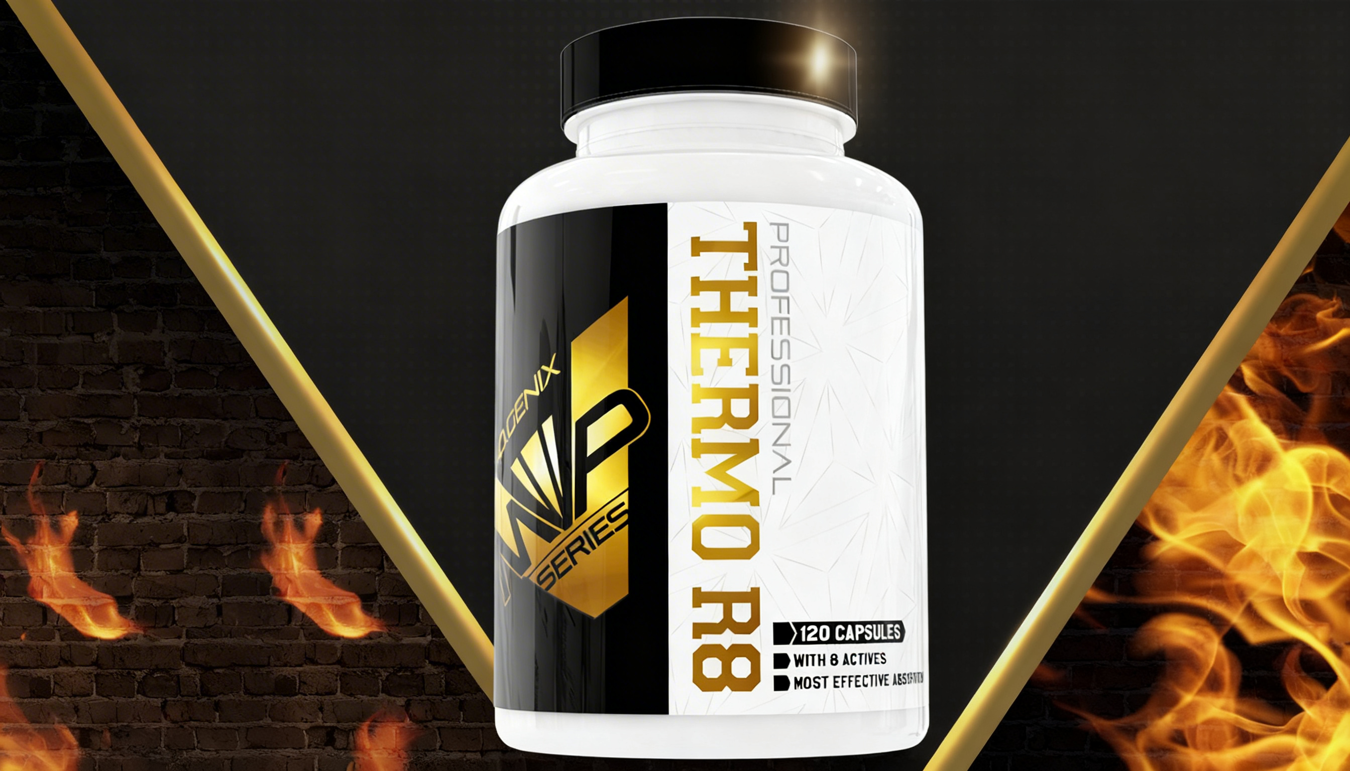 Banner de THERMO R8 de iO.GENIX con el bote del producto y un diseño visual asociado a termogénicos y fases de definición.