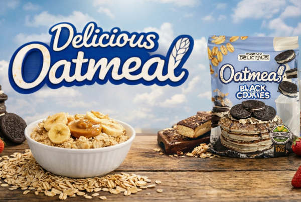 Banner de Delicious Oatmeal de iO.GENIX con el envase del producto y una composición visual de avena, galletas y desayuno.