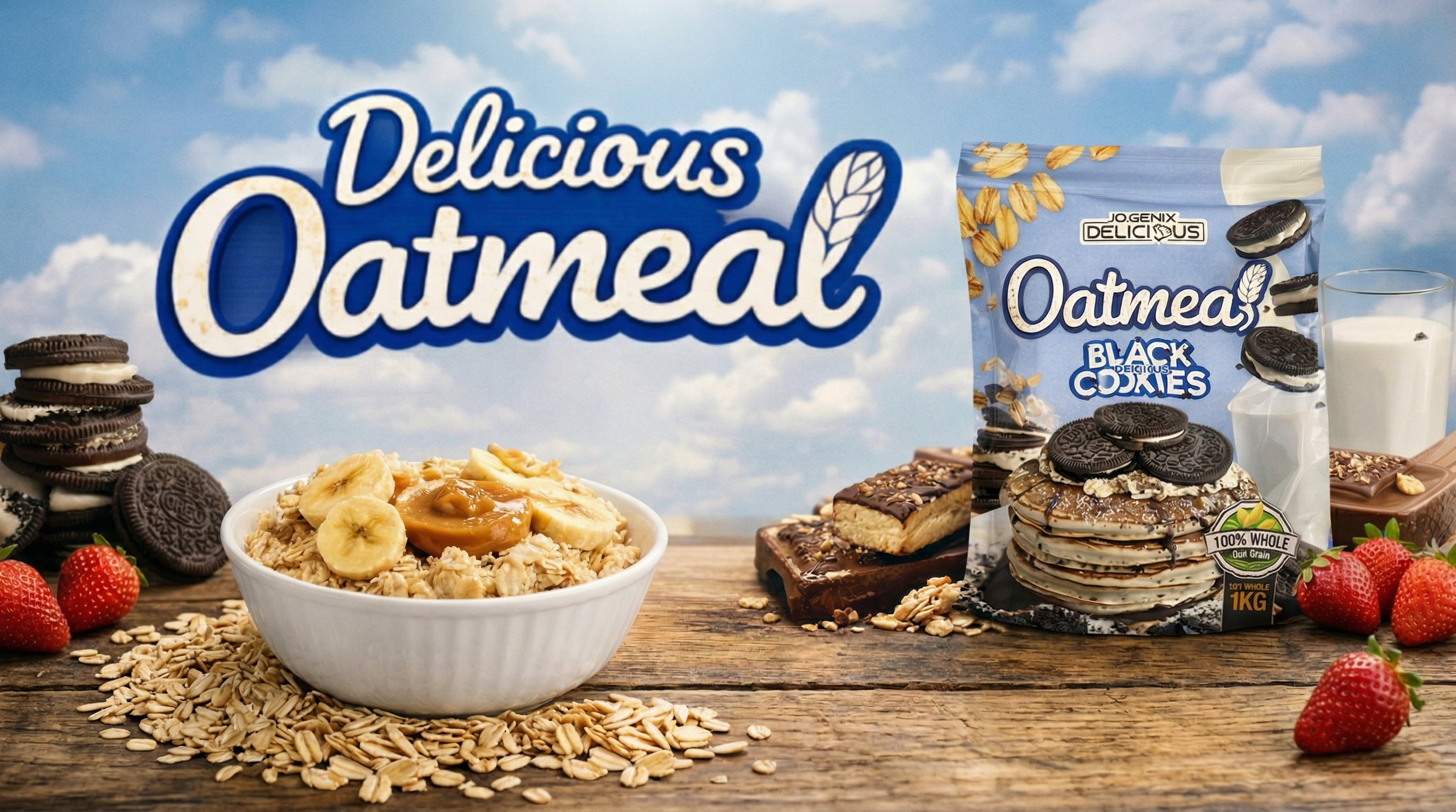 Banner de Delicious Oatmeal de iO.GENIX con el envase del producto y una composición visual de avena, galletas y desayuno.