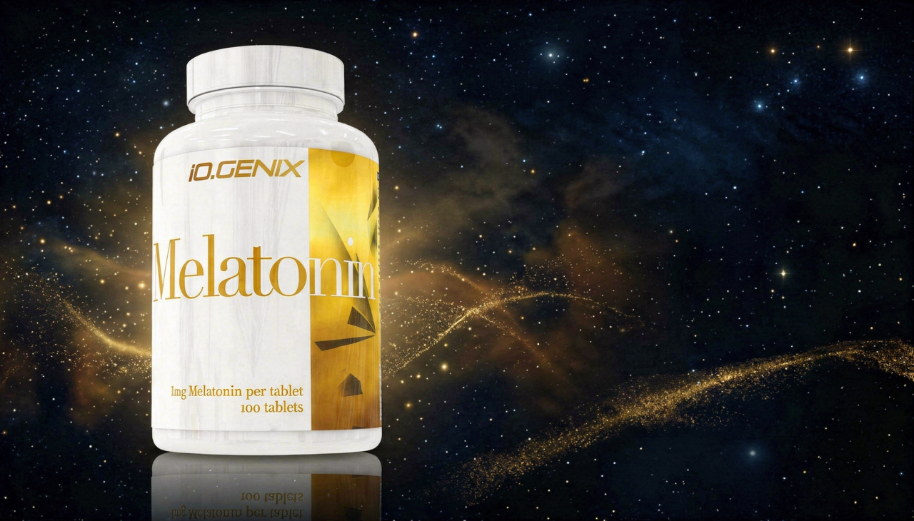 Banner de MELATONIN de iO.GENIX con el bote del producto sobre un fondo nocturno de estilo espacial.