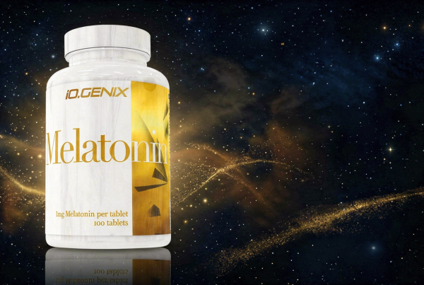 Banner de MELATONIN de iO.GENIX con el bote del producto sobre un fondo nocturno de estilo espacial.