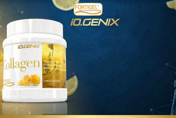 Banner de Peptides Collagen Fortigel de iO.GENIX con el bote del producto sobre un fondo azul y referencias visuales a articulaciones y tejido conectivo.