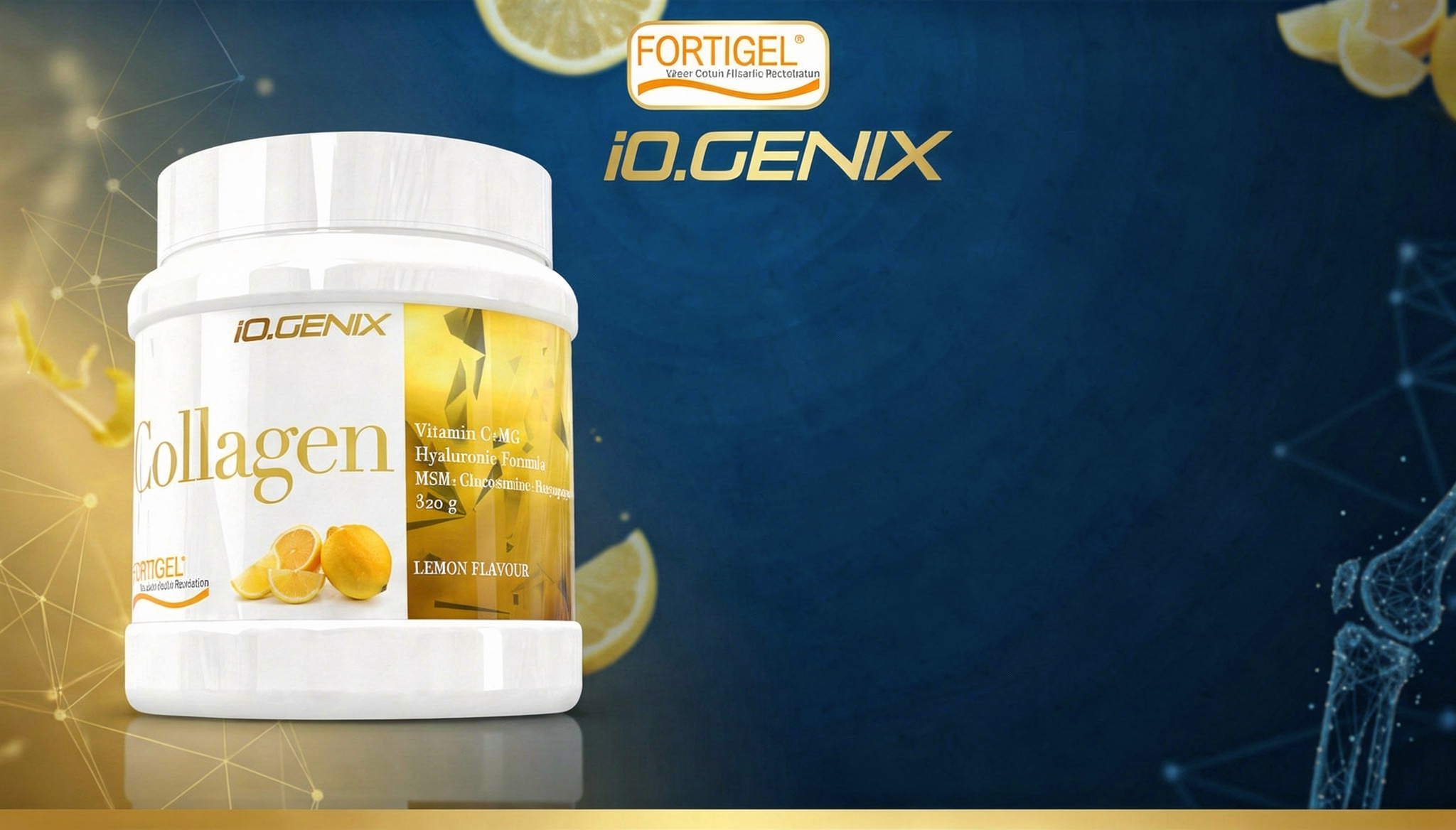 Banner de Peptides Collagen Fortigel de iO.GENIX con el bote del producto sobre un fondo azul y referencias visuales a articulaciones y tejido conectivo.