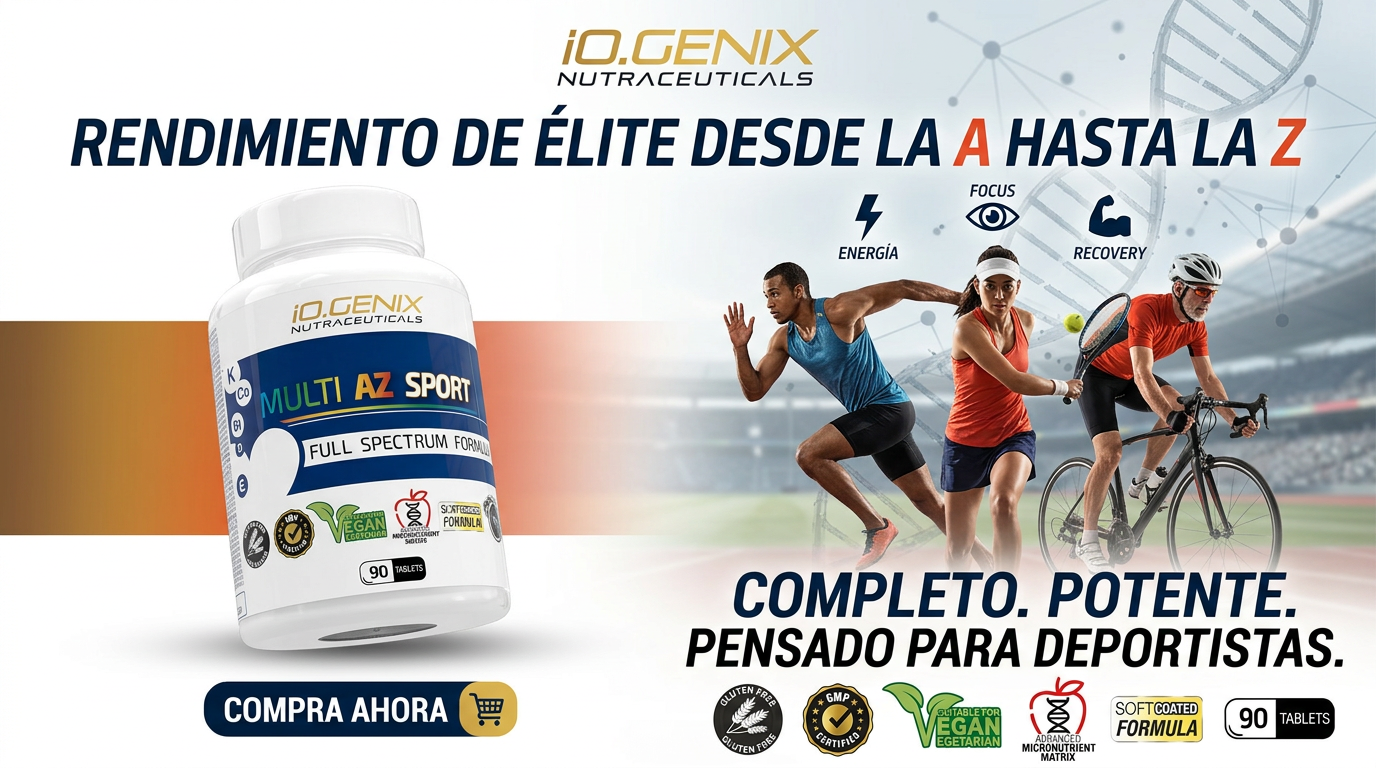 Banner de MULTI AZ SPORT de iO.GENIX con el producto, varios deportistas y mensajes asociados a vitaminas y minerales para una rutina activa.