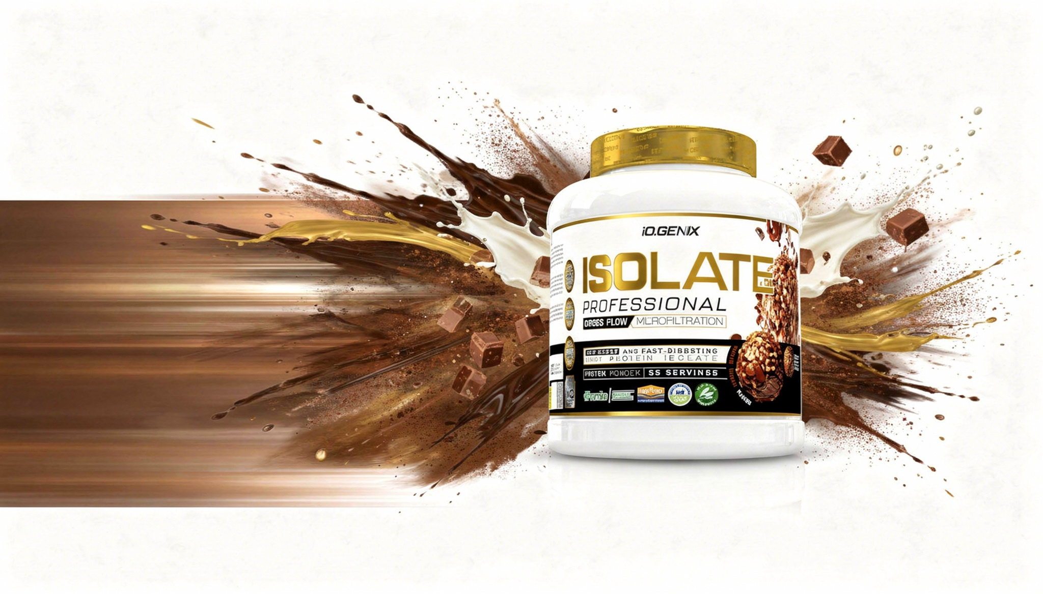 Banner de ISOLATE PROFESSIONAL de iO.GENIX con el bote del producto sobre una composición visual de salpicadura proteica en tonos marrones.