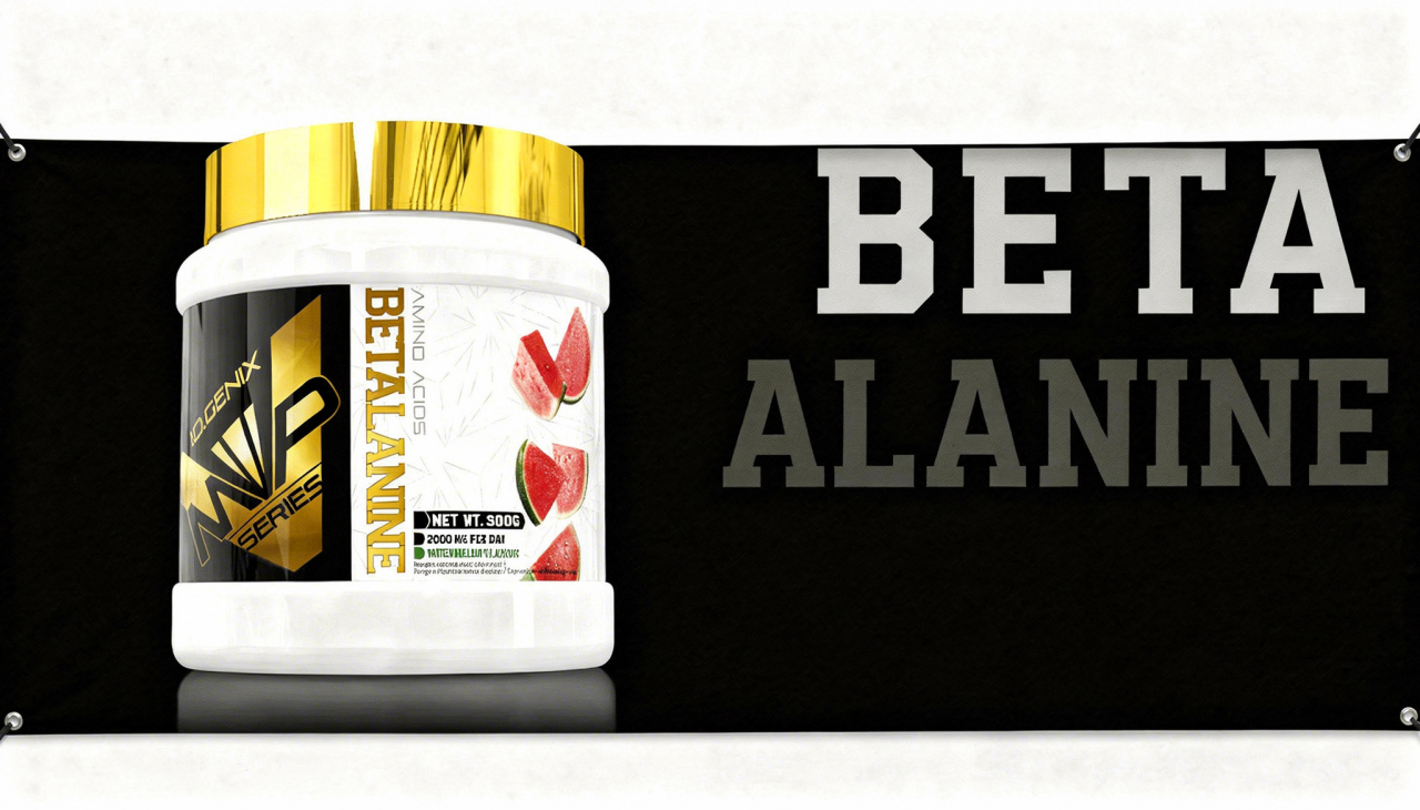 Banner de Beta-Alanine de iO.GENIX con el bote del producto y el texto Beta Alanine sobre fondo oscuro.