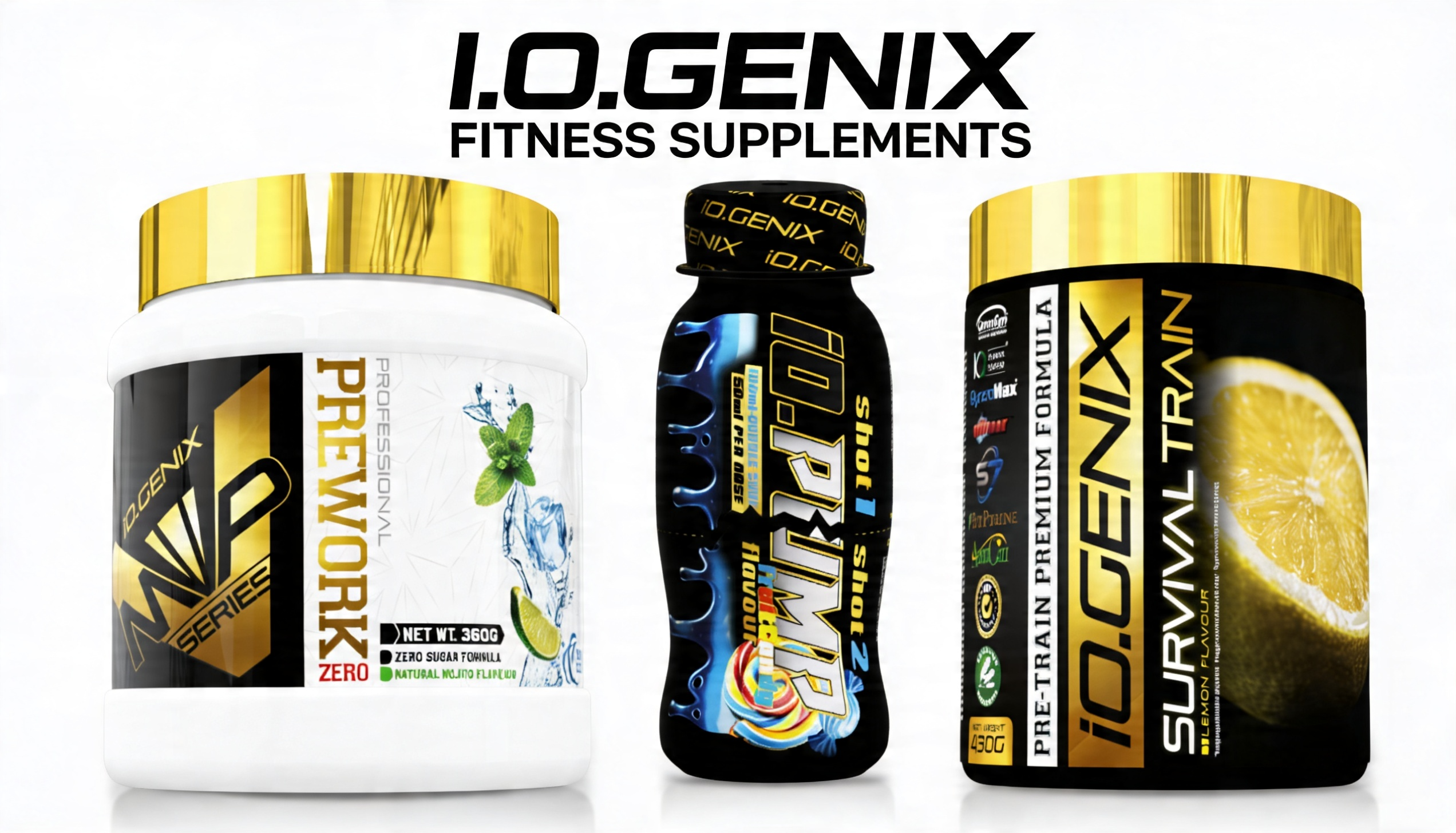Banner comparativo de pre-entrenos de iO.GENIX con varios productos estimulantes del catálogo sobre fondo blanco.