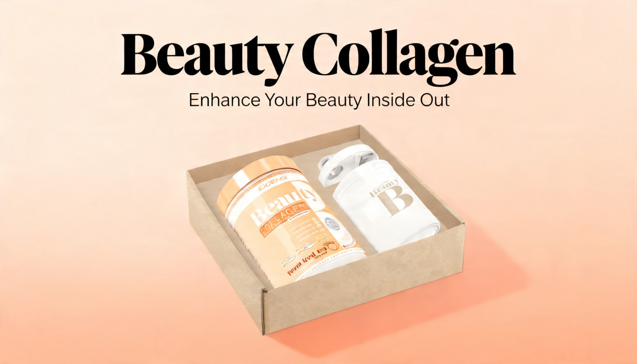 Banner de Collagen Beauty de iO.GENIX con el producto presentado en una caja de estilo beauty sobre fondo suave en tonos nude.