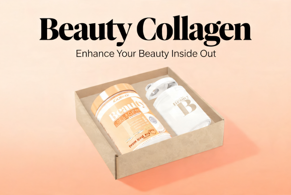 Banner de Collagen Beauty de iO.GENIX con el producto presentado en una caja de estilo beauty sobre fondo suave en tonos nude.