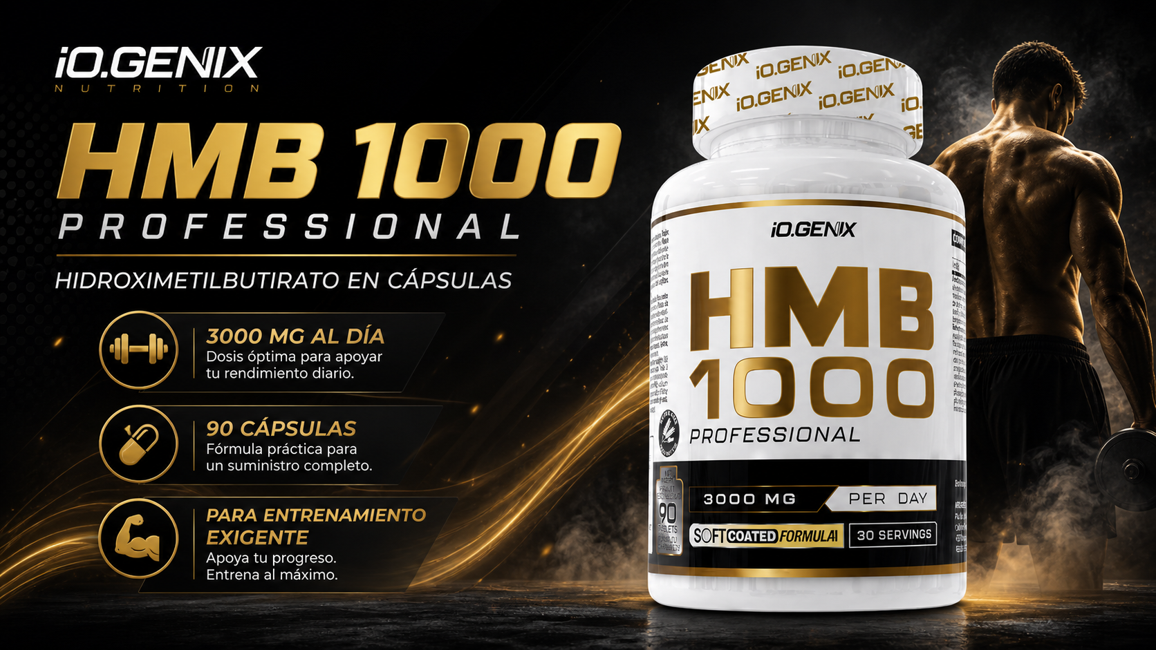 Banner de HMB 1000 Professional de iO.GENIX con el producto en primer plano y un diseño visual centrado en hidroximetilbutirato en cápsulas para entrenamiento exigente