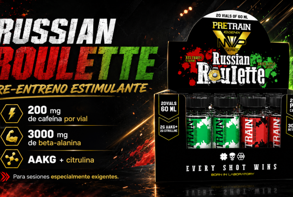 Banner de Russian Roulette de iO.GENIX con el expositor de viales en primer plano y un diseño visual centrado en un pre-entreno estimulante para sesiones especialmente exigentes