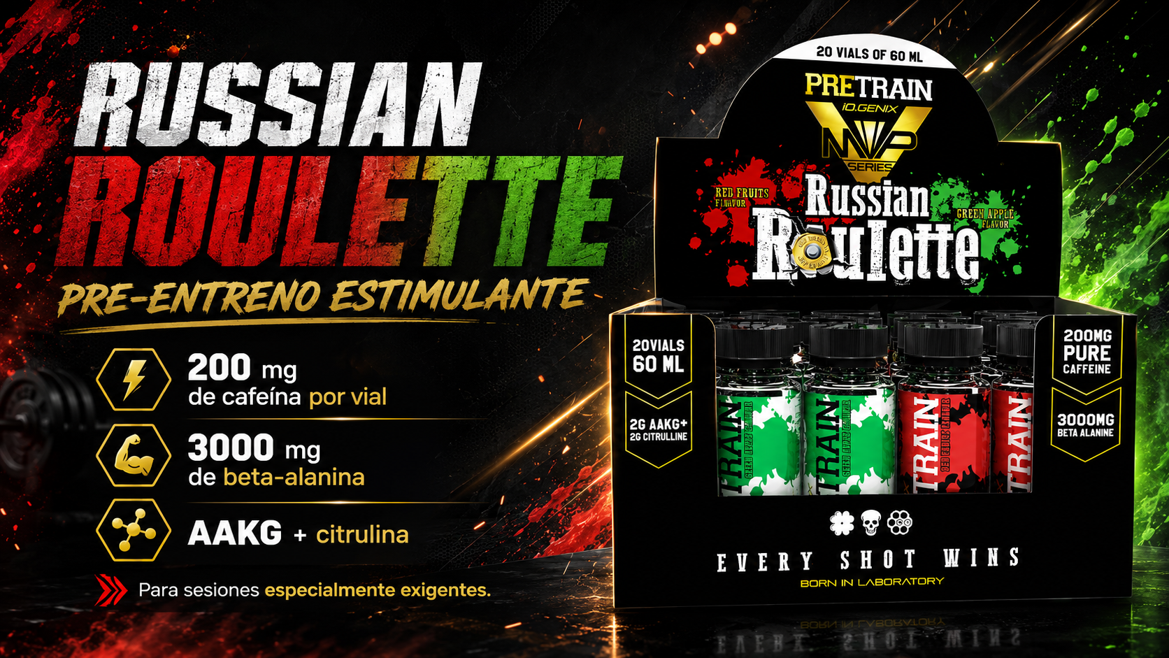 Banner de Russian Roulette de iO.GENIX con el expositor de viales en primer plano y un diseño visual centrado en un pre-entreno estimulante para sesiones especialmente exigentes