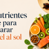 Imagen de cabecera sobre cómo preparar la piel para el sol, con el título del post y una composición visual de alimentos ricos en antioxidantes y grasas saludables, como zanahoria, naranja, kiwi, espinacas, aguacate, almendras, salmón y semillas.