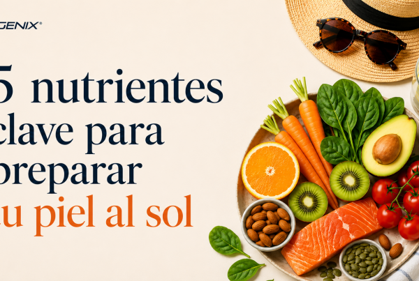 Imagen de cabecera sobre cómo preparar la piel para el sol, con el título del post y una composición visual de alimentos ricos en antioxidantes y grasas saludables, como zanahoria, naranja, kiwi, espinacas, aguacate, almendras, salmón y semillas.