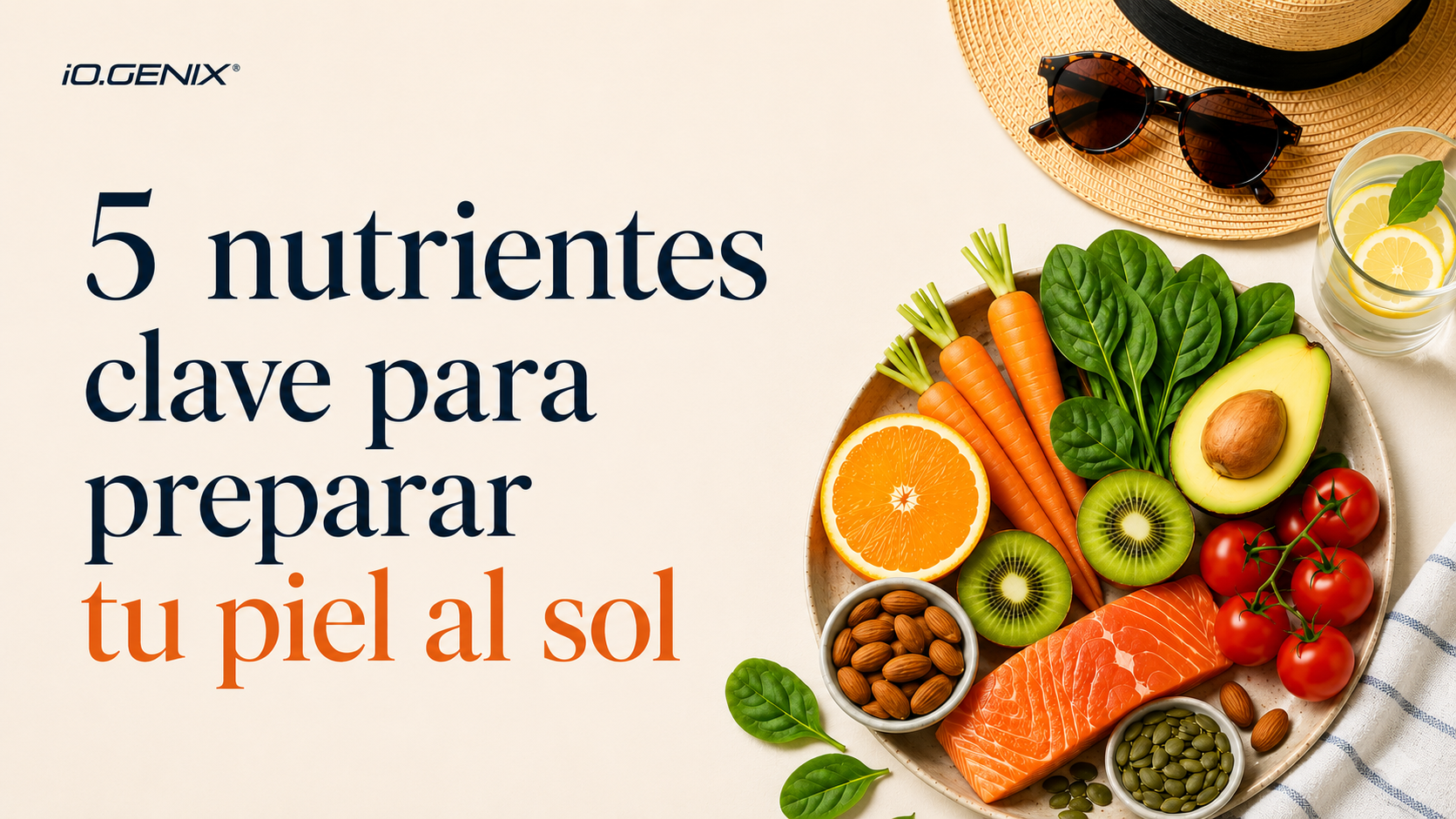 Imagen de cabecera sobre cómo preparar la piel para el sol, con el título del post y una composición visual de alimentos ricos en antioxidantes y grasas saludables, como zanahoria, naranja, kiwi, espinacas, aguacate, almendras, salmón y semillas.