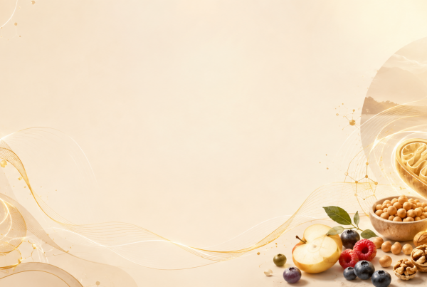 Banner sobre flexibilidad metabólica con mitocondrias, alimentos saludables y una persona corriendo, representando el uso eficiente de grasa y carbohidratos como fuente de energía.