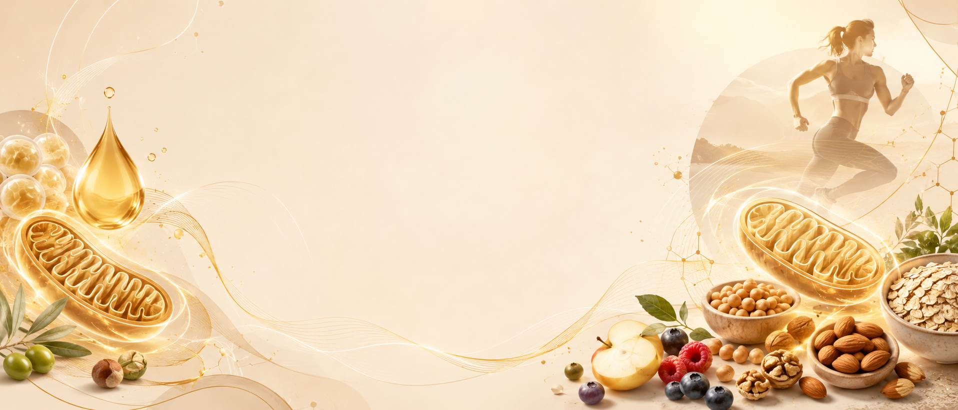 Banner sobre flexibilidad metabólica con mitocondrias, alimentos saludables y una persona corriendo, representando el uso eficiente de grasa y carbohidratos como fuente de energía.