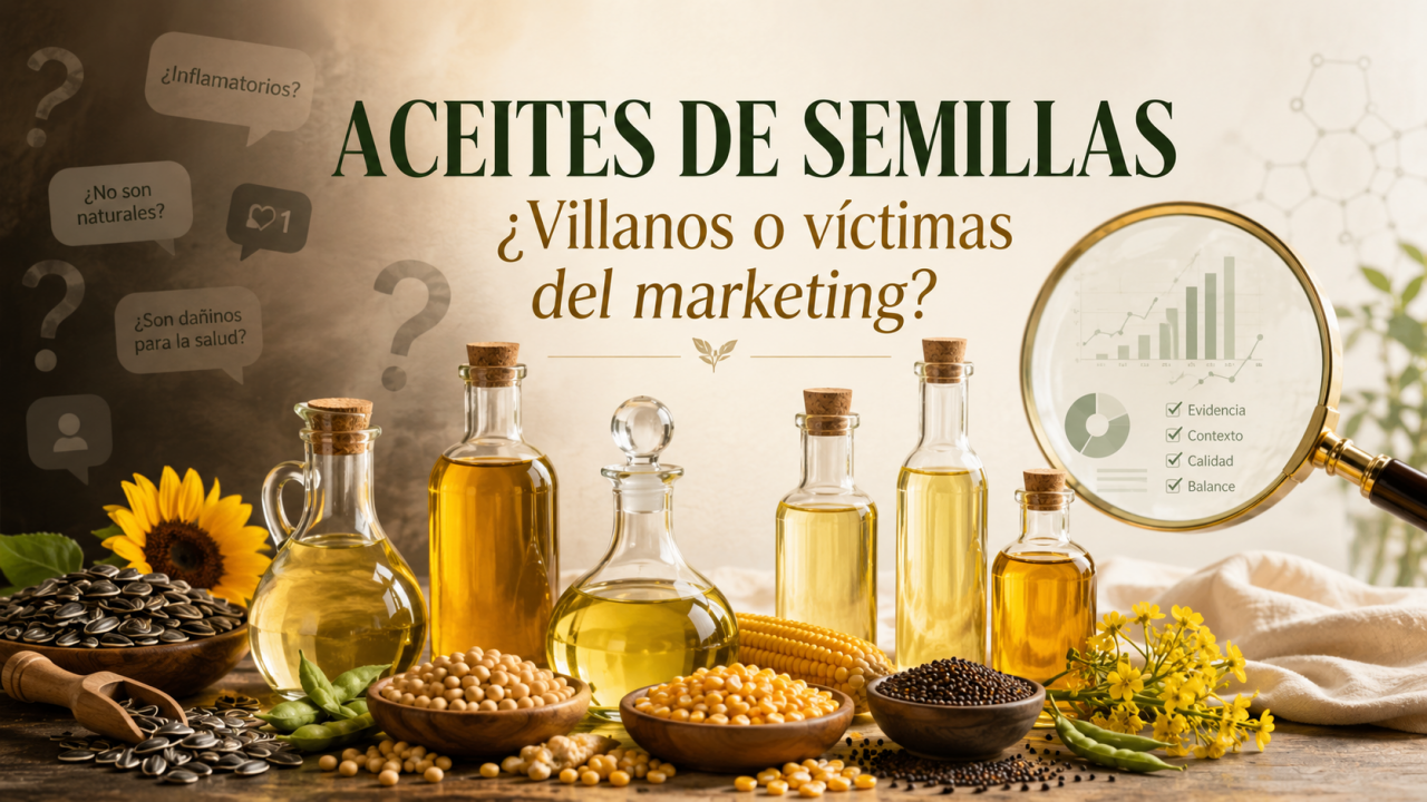 Imagen de cabecera para un post sobre aceites de semillas, con botellas de distintos aceites vegetales, semillas y un enfoque visual centrado en el debate entre evidencia científica y marketing.