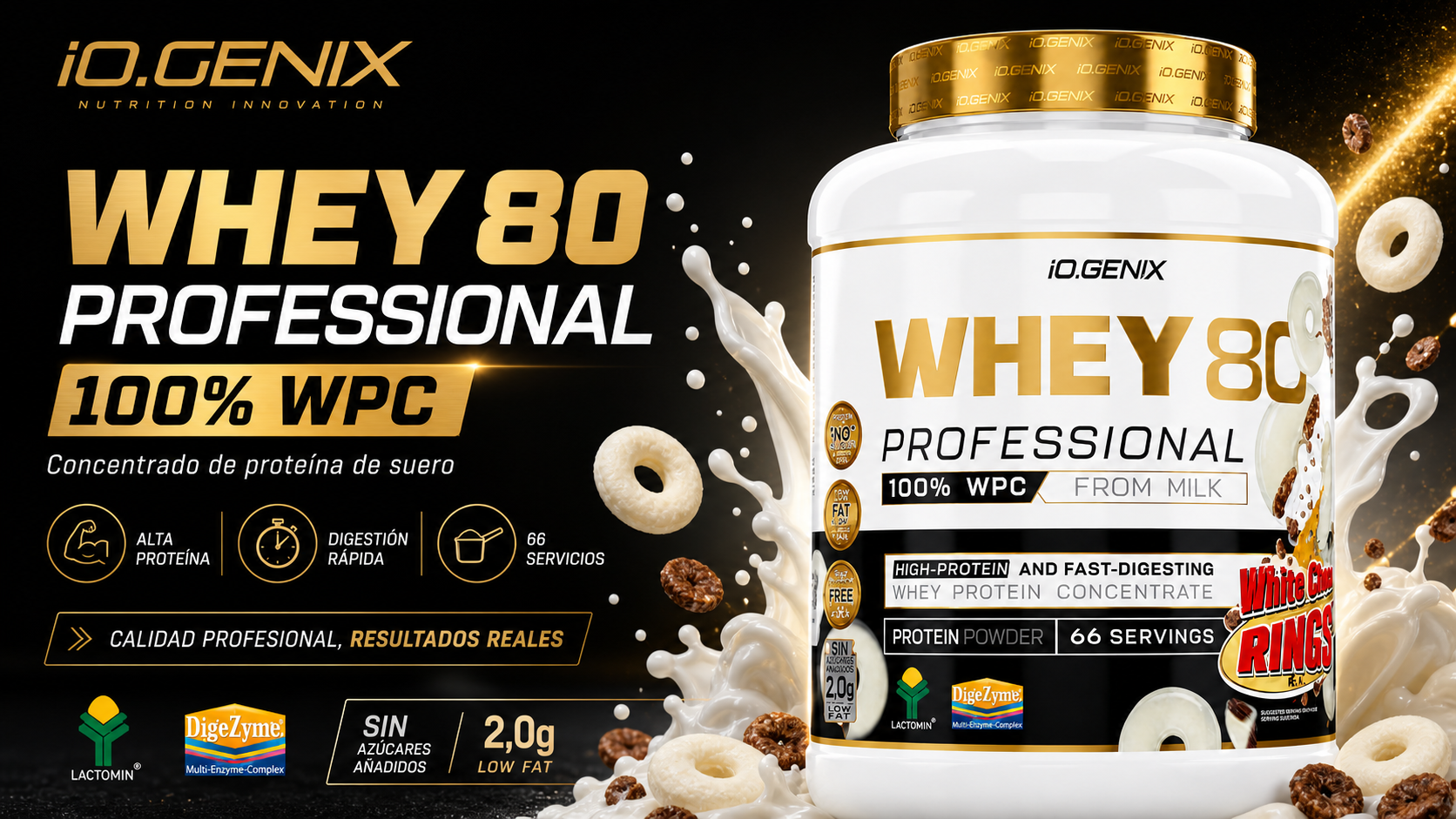 Banner de Whey 80 Professional de iO.GENIX, concentrado de proteína de suero 100% WPC para aumentar la ingesta proteica diaria.