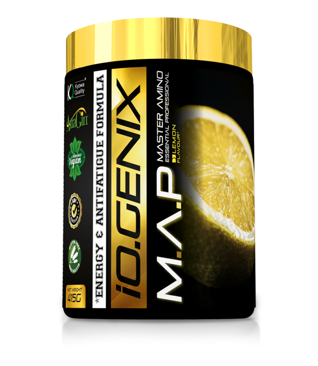 Bote de MAP Luxury de iO.GENIX en sabor limón, fórmula de aminoácidos esenciales de origen vegetal con vitamina B6.