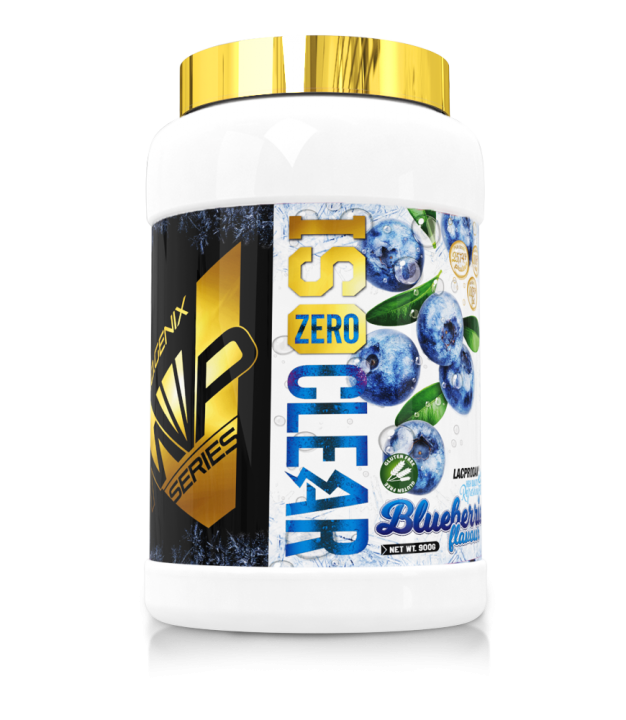Bote de ISO ZERO CLEAR de iO.GENIX en sabor blueberry, aislado de proteína de suero con textura ligera y refrescante.