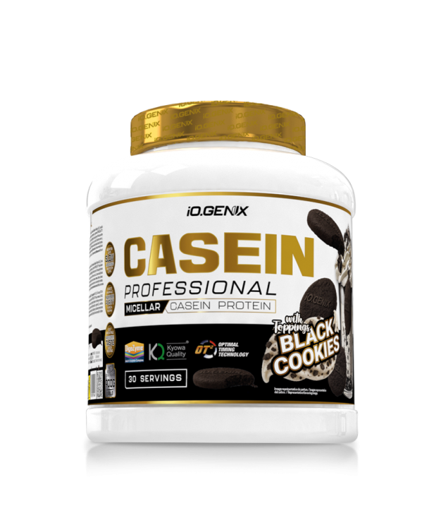 Bote de Casein Professional de iO.GENIX sabor Black Cookies, caseína en polvo de liberación sostenida.
