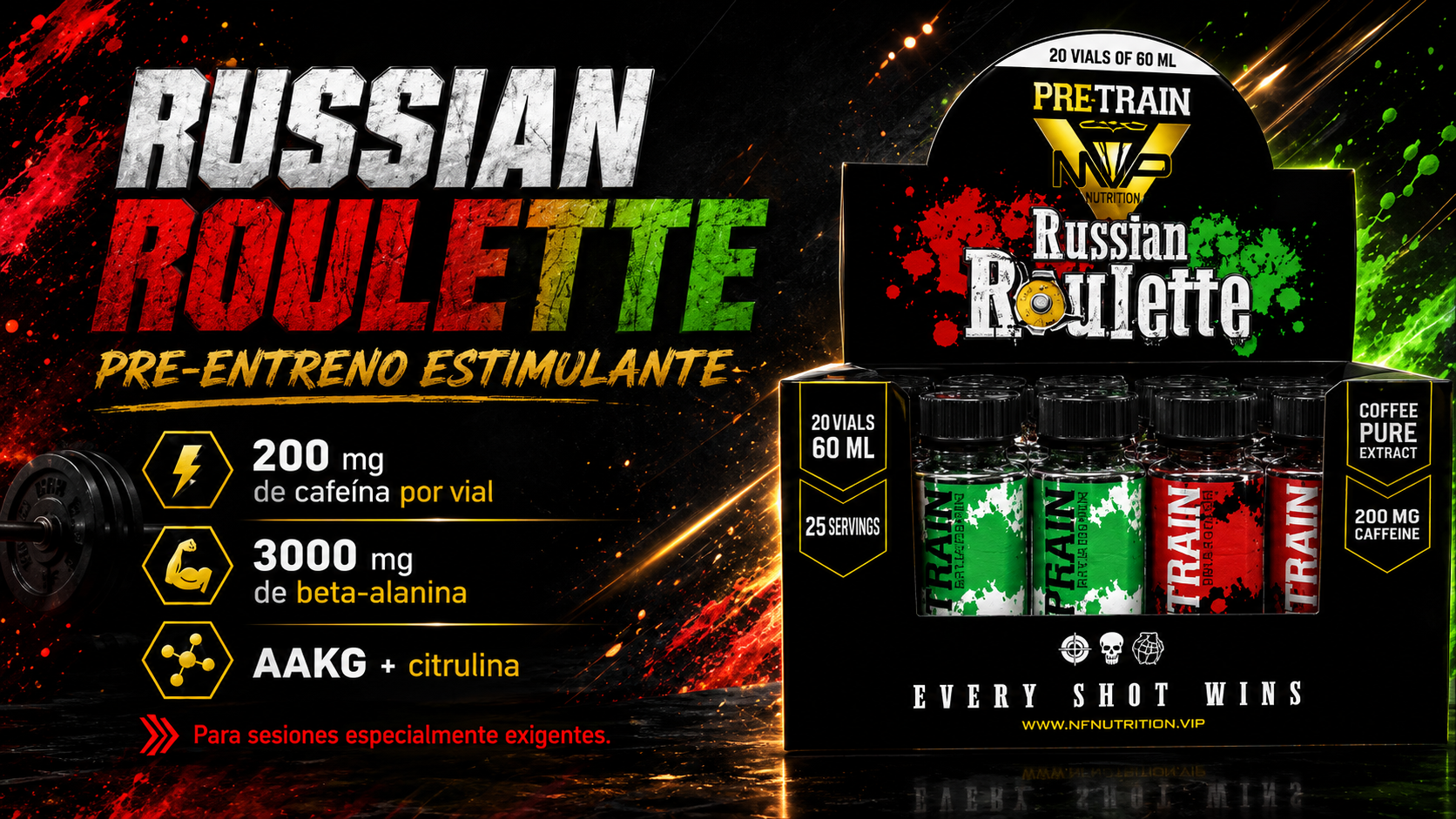 Banner promocional de Russian Roulette, pre-entreno estimulante en viales con cafeína, beta-alanina, AAKG y citrulina.