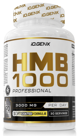 Bote de HMB 1000 de iO.GENIX, hidroximetilbutirato en cápsulas para entrenamiento exigente y fases de alto desgaste.
