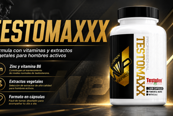 Banner de Testomaxxx de iO.GENIX con el producto en primer plano y un diseño visual centrado en una fórmula con vitaminas y extractos vegetales para hombres activos.