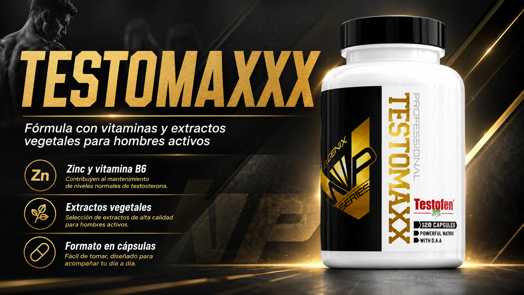 Banner de Testomaxxx de iO.GENIX con el producto en primer plano y un diseño visual centrado en una fórmula con vitaminas y extractos vegetales para hombres activos.