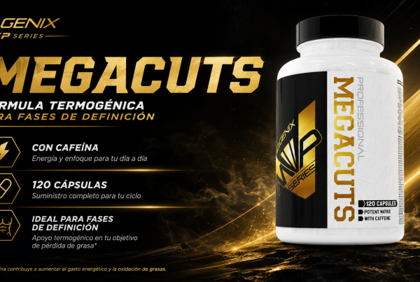 Banner de Megacuts de iO.GENIX con el producto en primer plano y un diseño visual centrado en una fórmula termogénica para fases de definición.