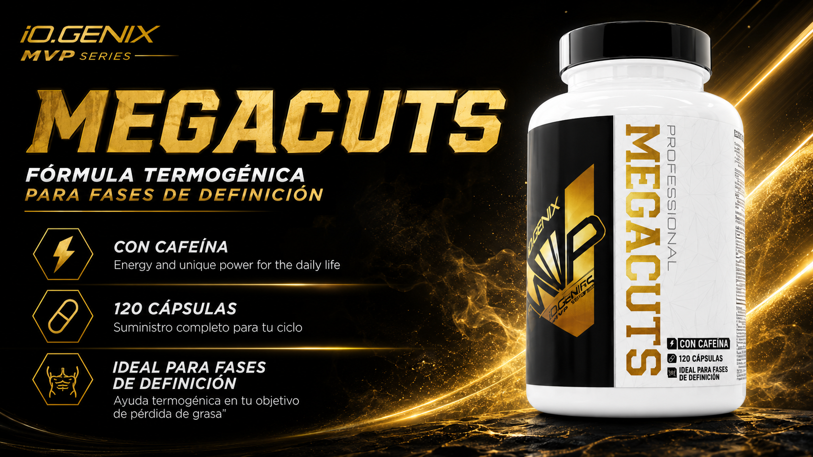 Banner de Megacuts de iO.GENIX con el producto en primer plano y un diseño visual centrado en una fórmula termogénica para fases de definición.