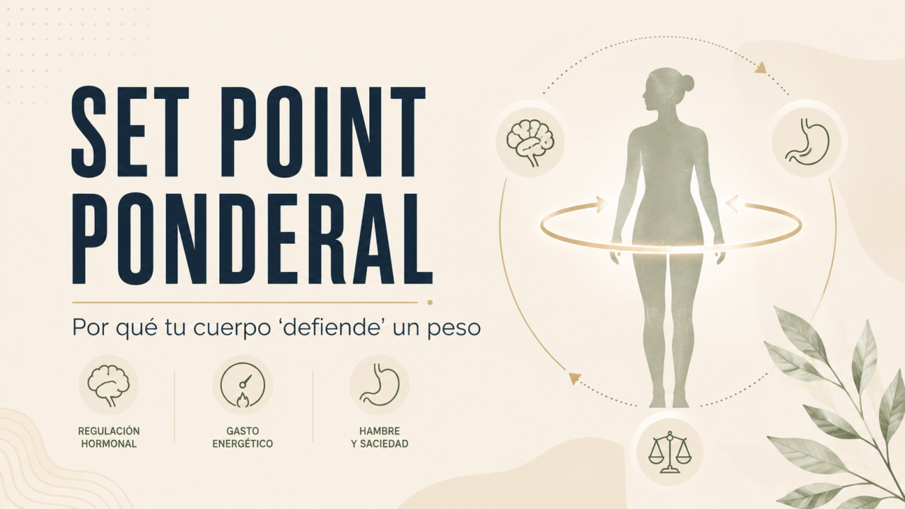 Imagen de cabecera para un post sobre set point ponderal, con una silueta corporal y elementos visuales relacionados con regulación del peso, hambre, saciedad y gasto energético.