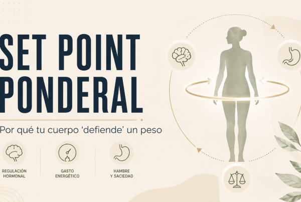 Imagen de cabecera para un post sobre set point ponderal, con una silueta corporal y elementos visuales relacionados con regulación del peso, hambre, saciedad y gasto energético.