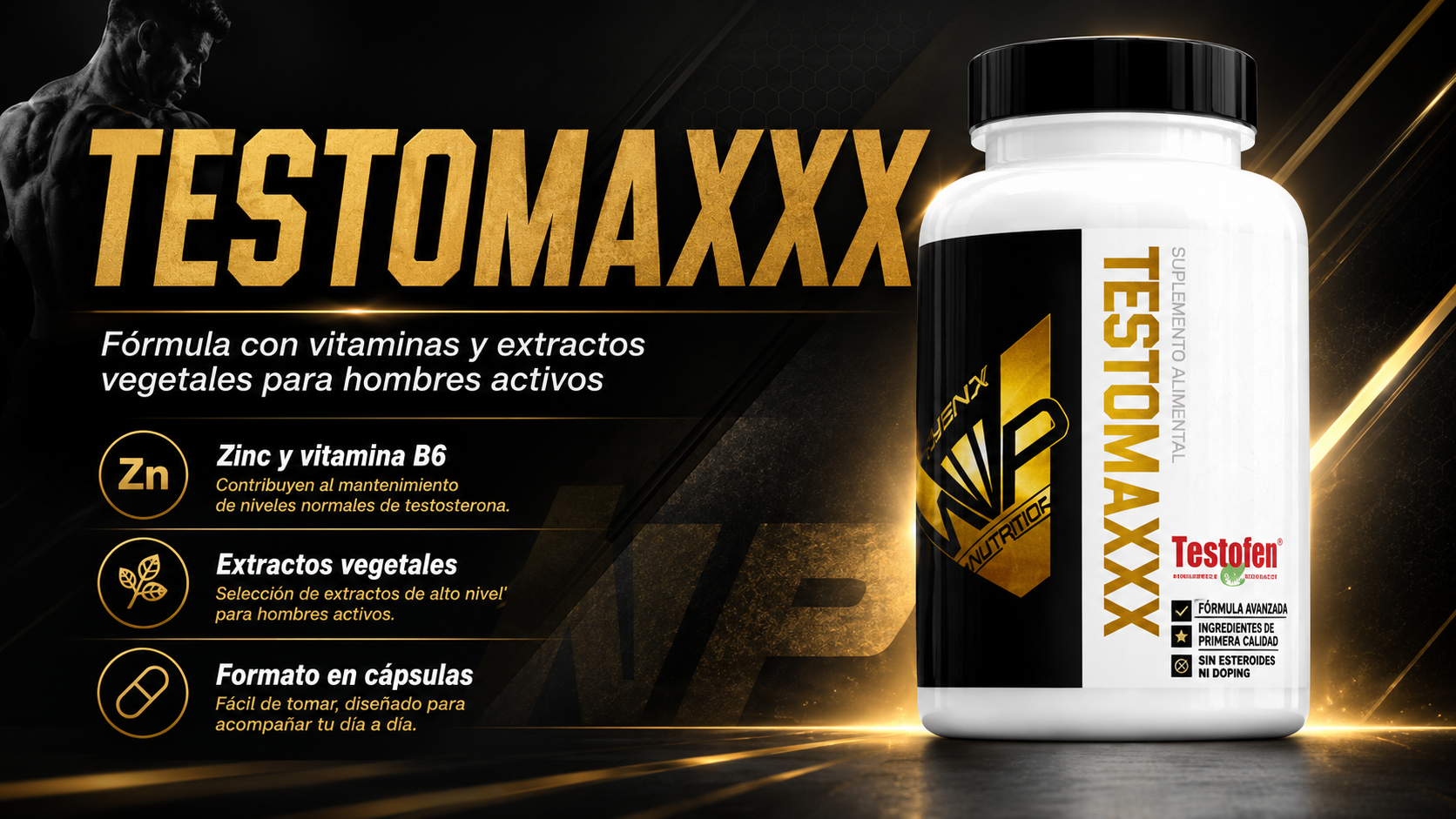 Banner promocional de Testomaxxx de iO.GENIX, complemento alimenticio con zinc, vitamina B6 y extractos vegetales para hombres activos