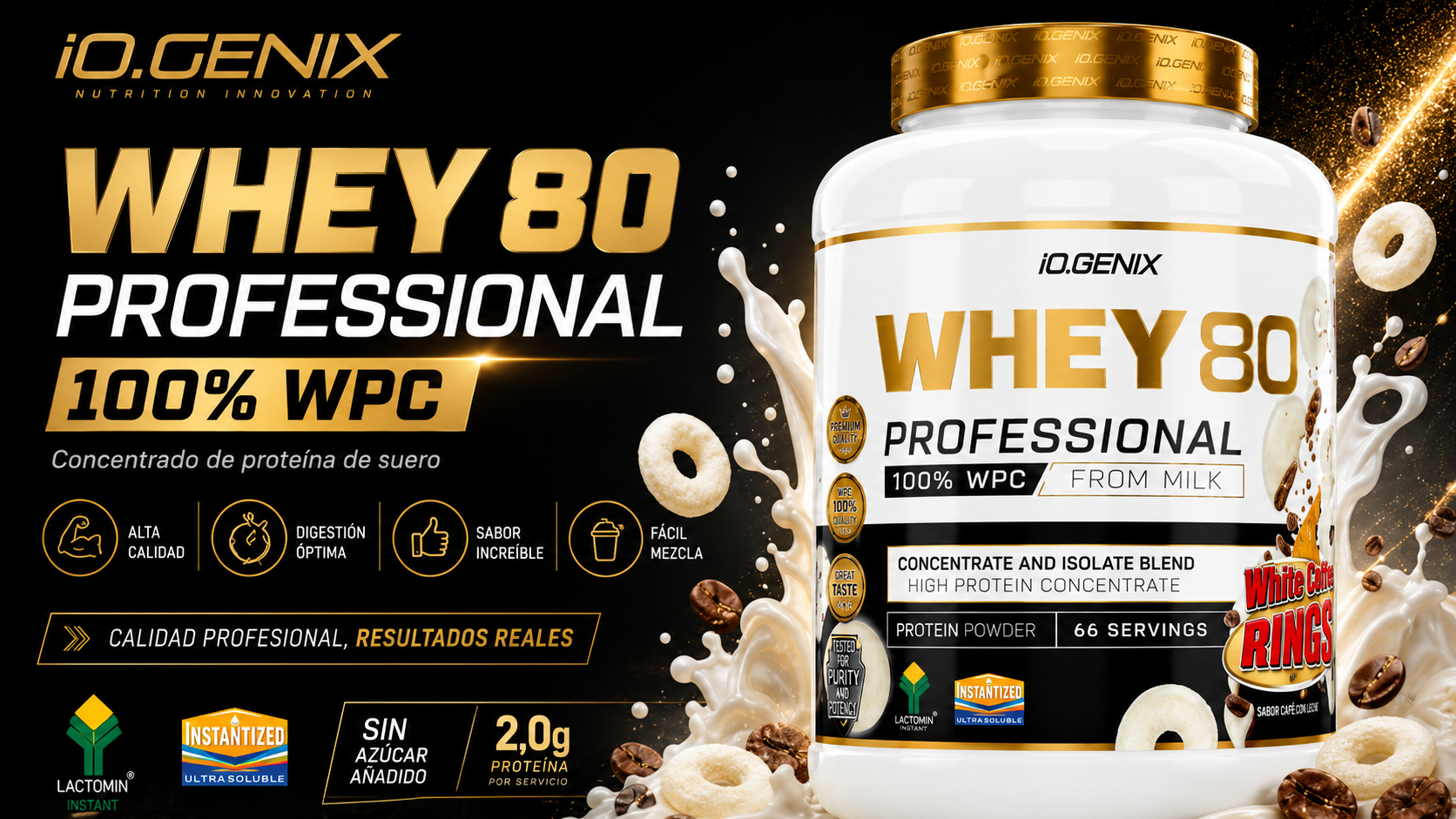 Banner de Whey 80 Professional de iO.GENIX, concentrado de proteína de suero 100% WPC para aumentar la ingesta proteica diaria.