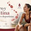 Banner de cabecera para un post sobre hierro y ferritina en mujeres deportistas, con una atleta, glóbulos rojos y alimentos ricos en hierro.