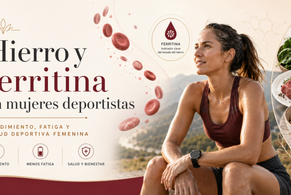 Banner de cabecera para un post sobre hierro y ferritina en mujeres deportistas, con una atleta, glóbulos rojos y alimentos ricos en hierro.
